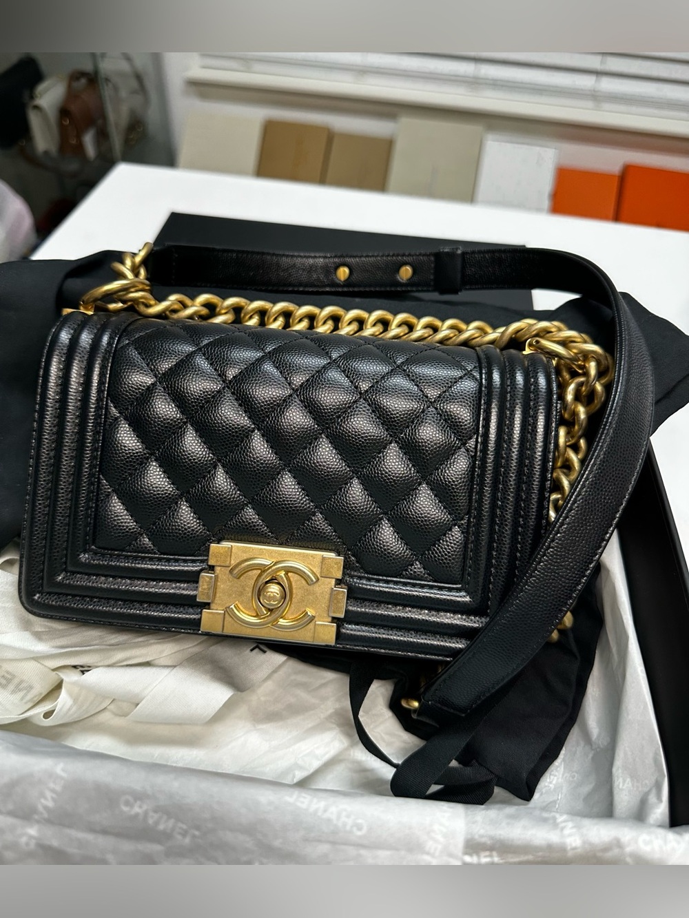 AUTHENTIC CHANEL Black Quilted Leather Boy Bag with Gold Hardware